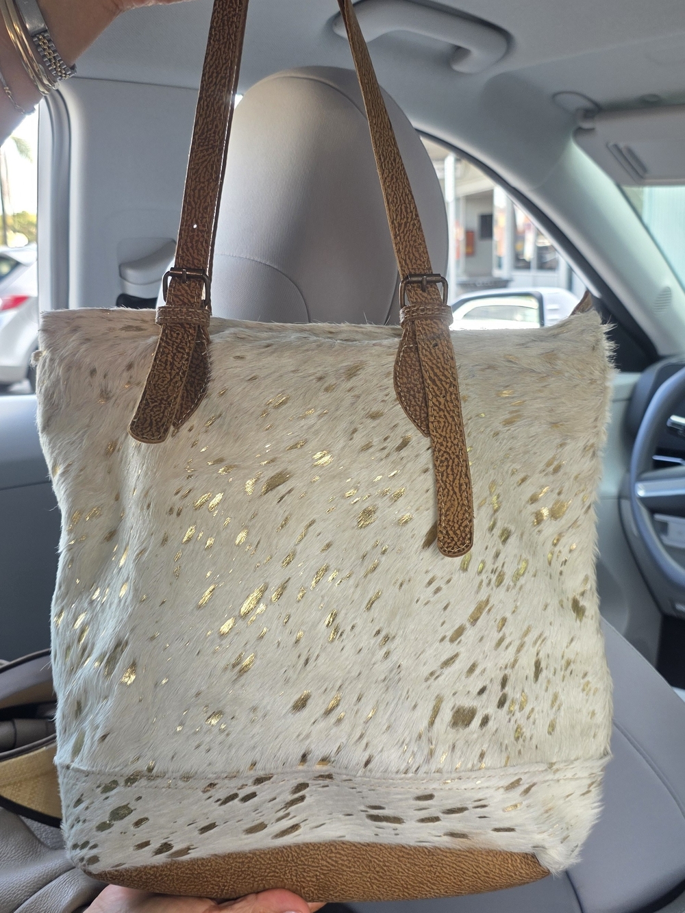 Myra Bag Cream Tote with Gold Spots and Tan Straps